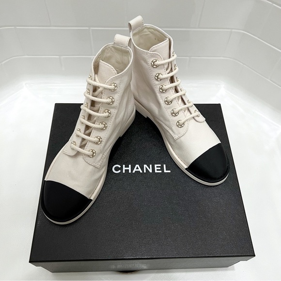 CHANEL Shoes - CHANEL Cotton Grosgrain Cape Toe CC Lace up Boots 37